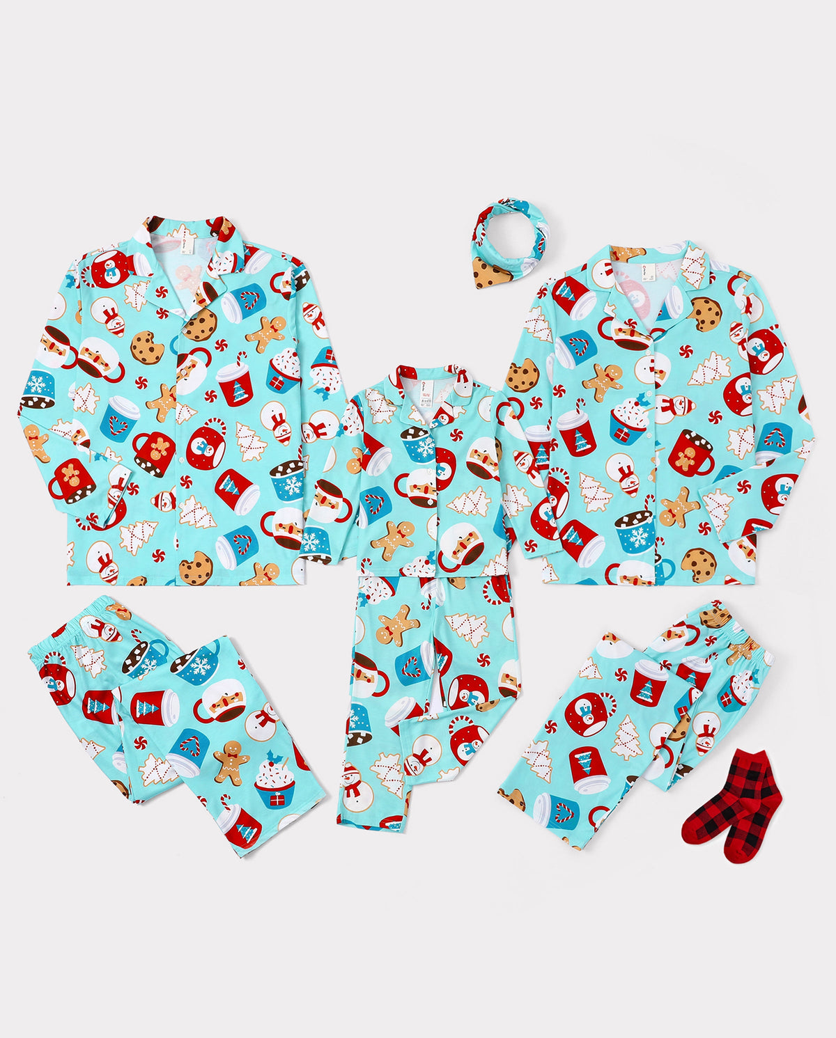 Matching Family Christmas Pajamas Gingerbread & Mug Print Blue