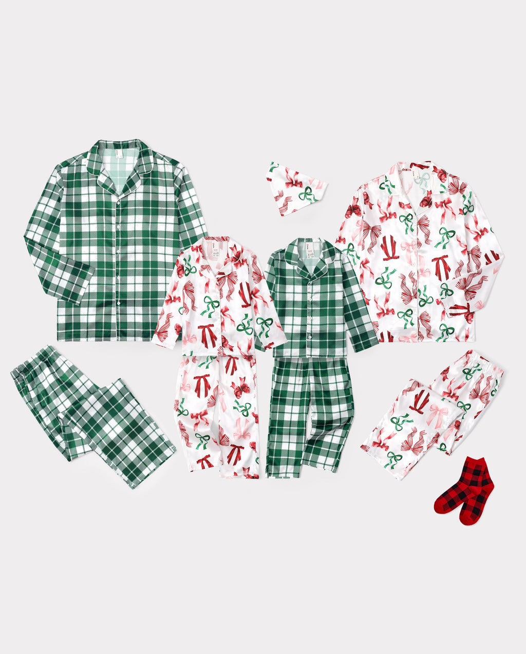 Family Matching Christmas Pajamas Bow & Plaid Print Satin Multicolor