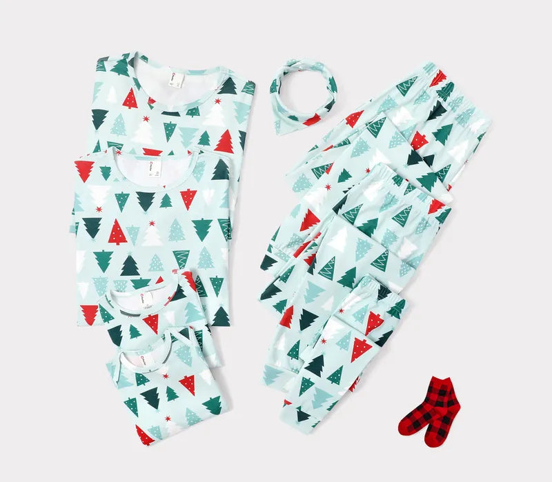 Matching Family Christmas Pajamas Christmas Tree Print Cotton Blue