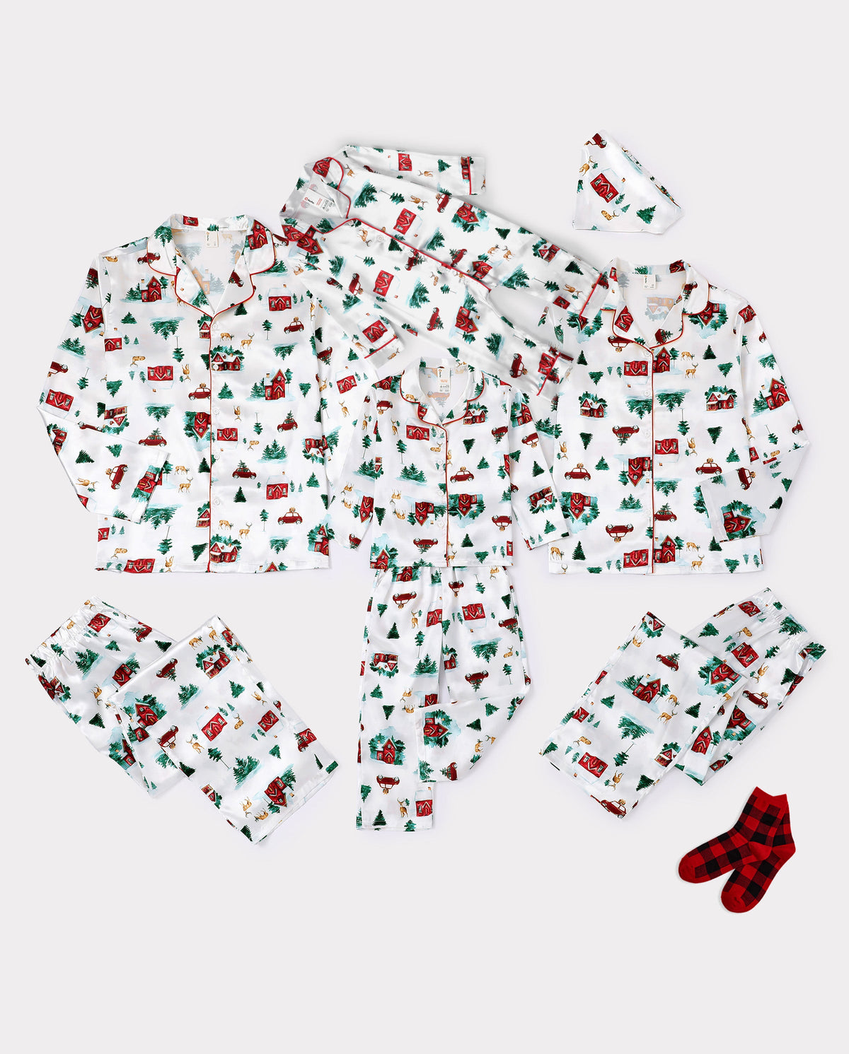 Matching Family Christmas Pajamas Christmas Village Print Satin Multicolor