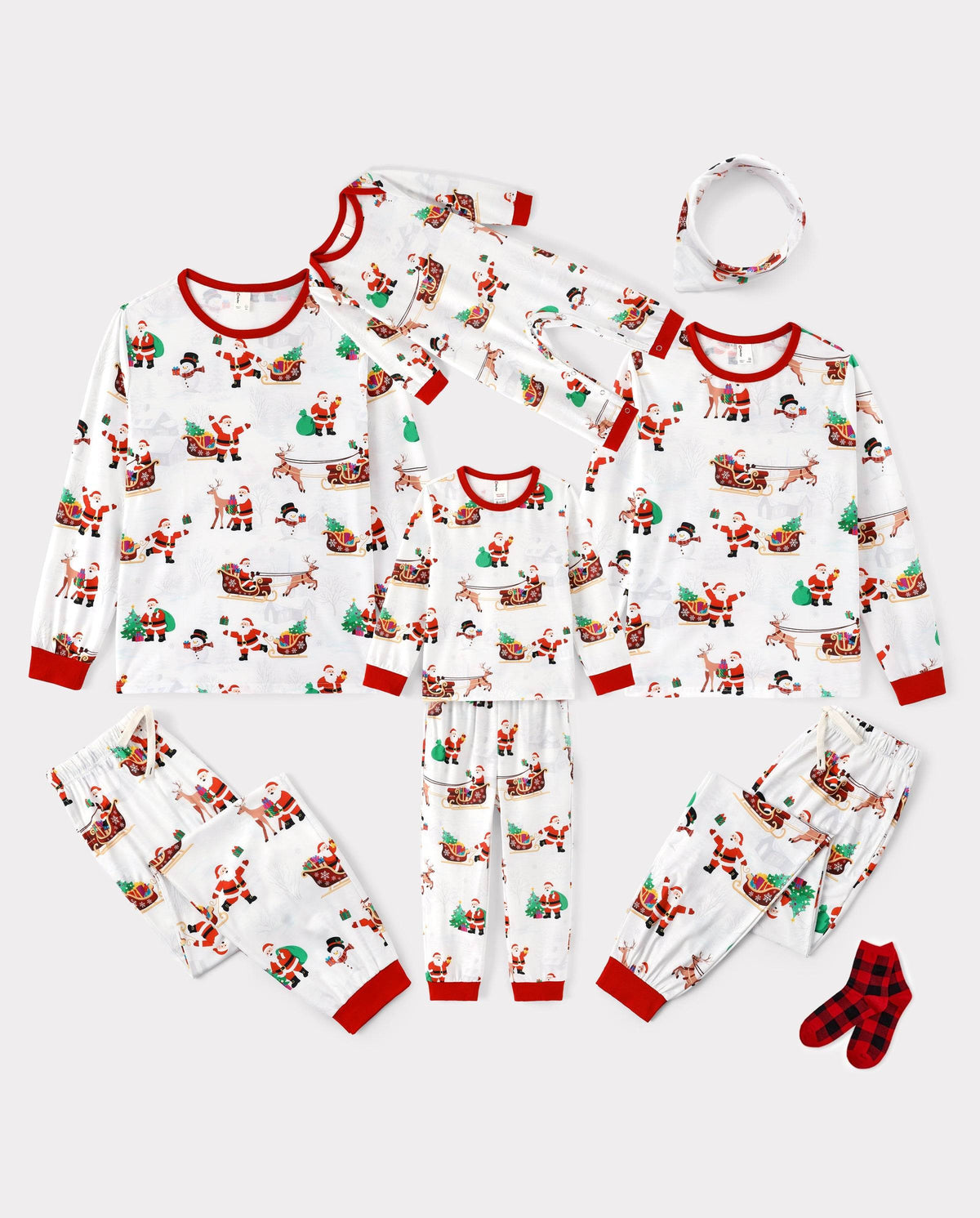 Family Matching Christmas Pajamas Reindeer & Santa Claus Print White Plus Size RED/WHITE