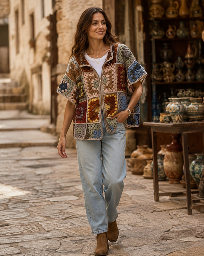 Women's Vintage Patchwork Crochet Hooded Vest | Boho Zip-Up Sleeveless Jacket
