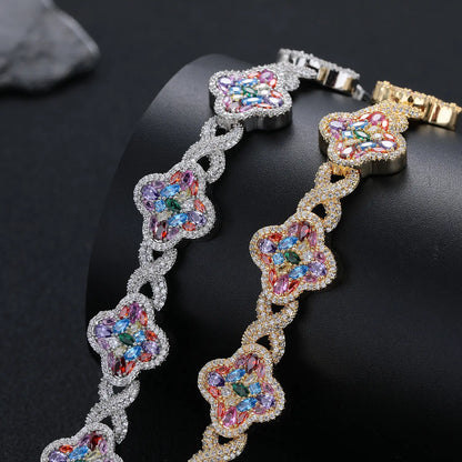 ✨ Lucky Clover Colorful Zircon Bracelet – Gold-Plated Charm Jewelry