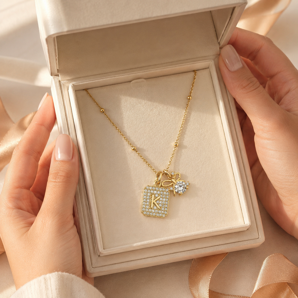 Gold Initial & Bow Charm Necklace