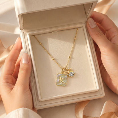 Gold Initial & Bow Charm Necklace