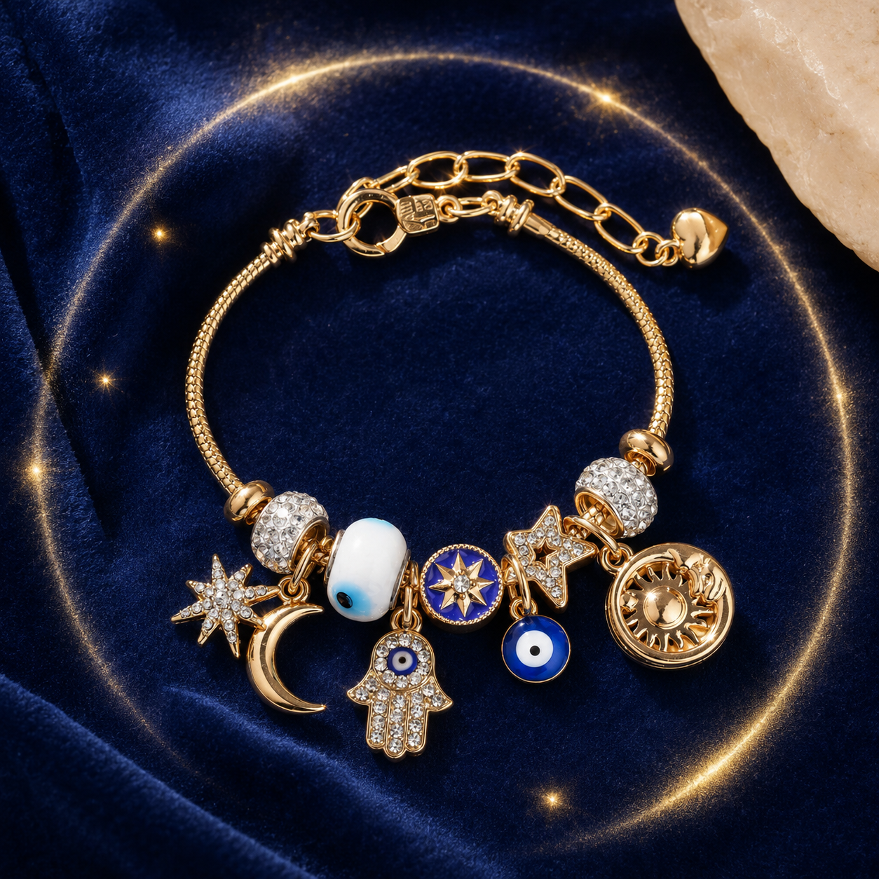 Celestial Charm Bracelet – Gold-Tone Evil Eye, Sun, Moon & Star Layered Charm Bracelet