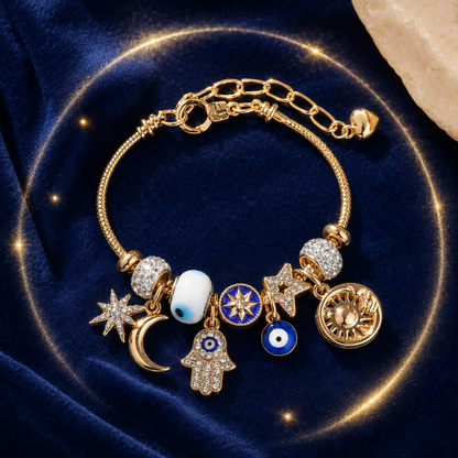 Celestial Charm Bracelet – Gold-Tone Evil Eye, Sun, Moon & Star Layered Charm Bracelet