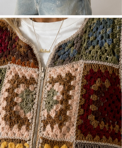 Women's Vintage Patchwork Crochet Hooded Vest | Boho Zip-Up Sleeveless Jacket
