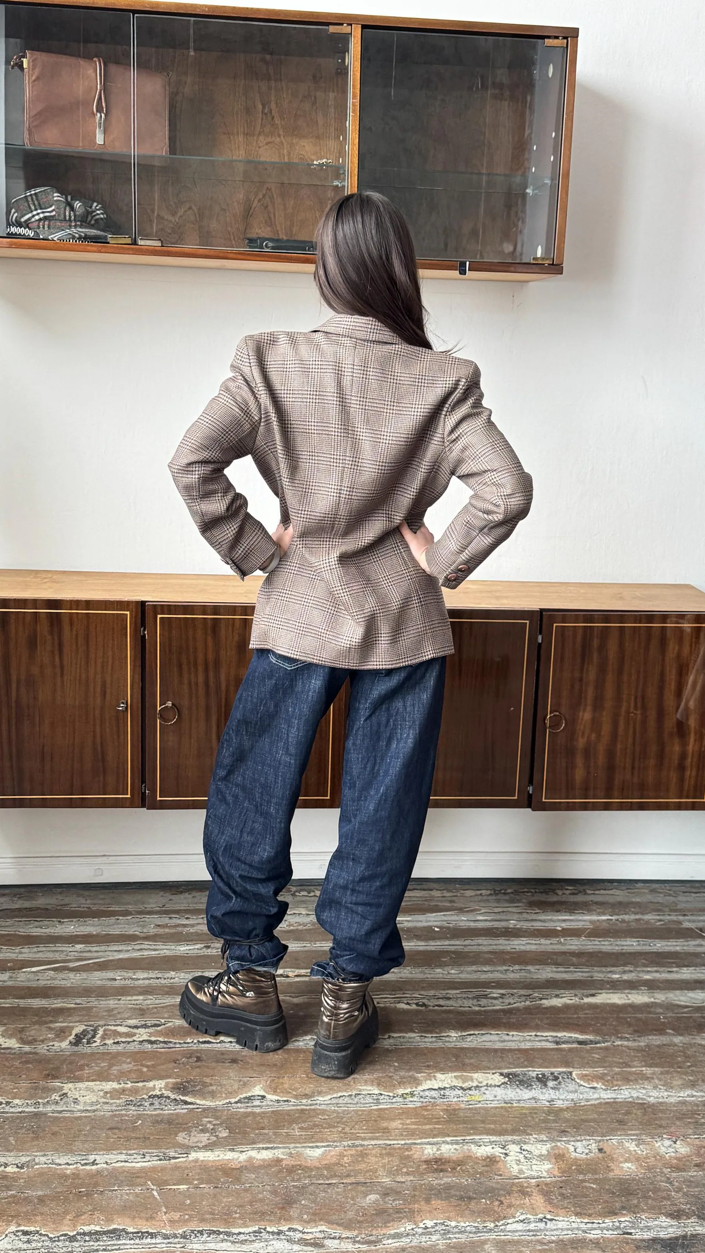 Vintage-Inspired Brown Check Blazer – Relaxed Tailored Wool-Blend Jacket for Women