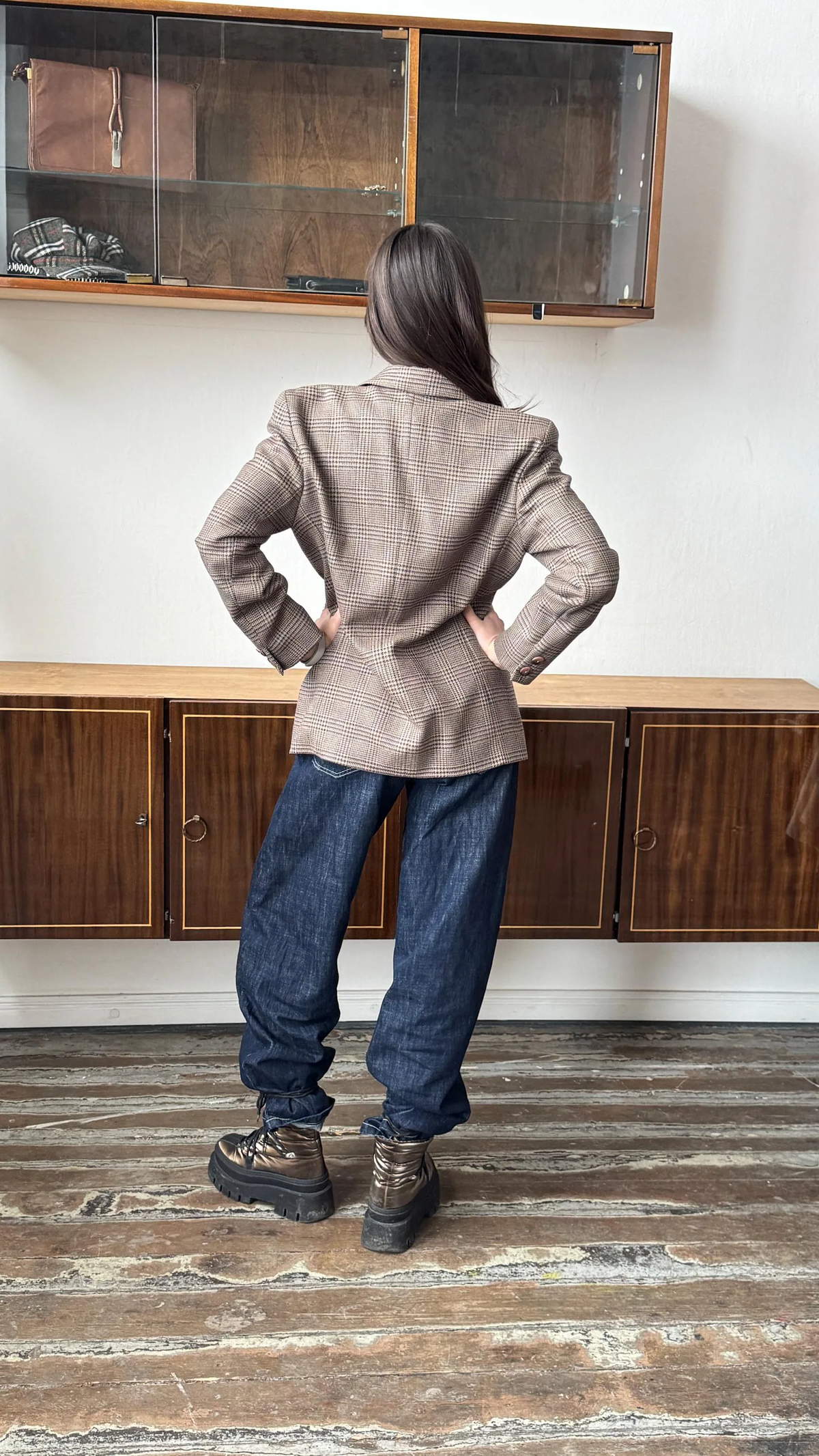 Vintage-Inspired Brown Check Blazer – Relaxed Tailored Wool-Blend Jacket for Women