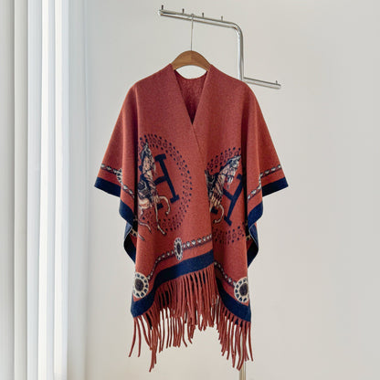 Women’s Thick Oversized Cashmere-Feel Cape Shawl – Double-Sided Jacquard Fringe Wrap