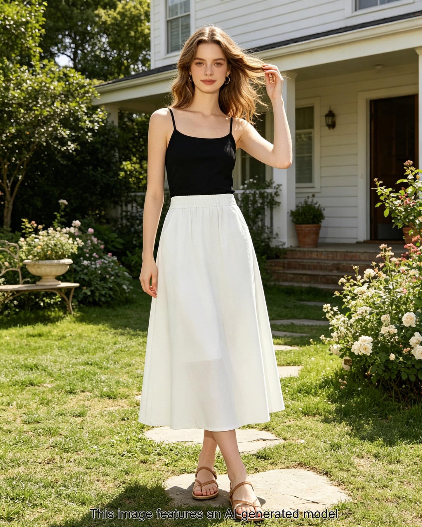 Women's Flowy Bohemian Midi Linen Skirt (with Pockets) | High-Waisted Elastic A-Line Casual Beach Skirt