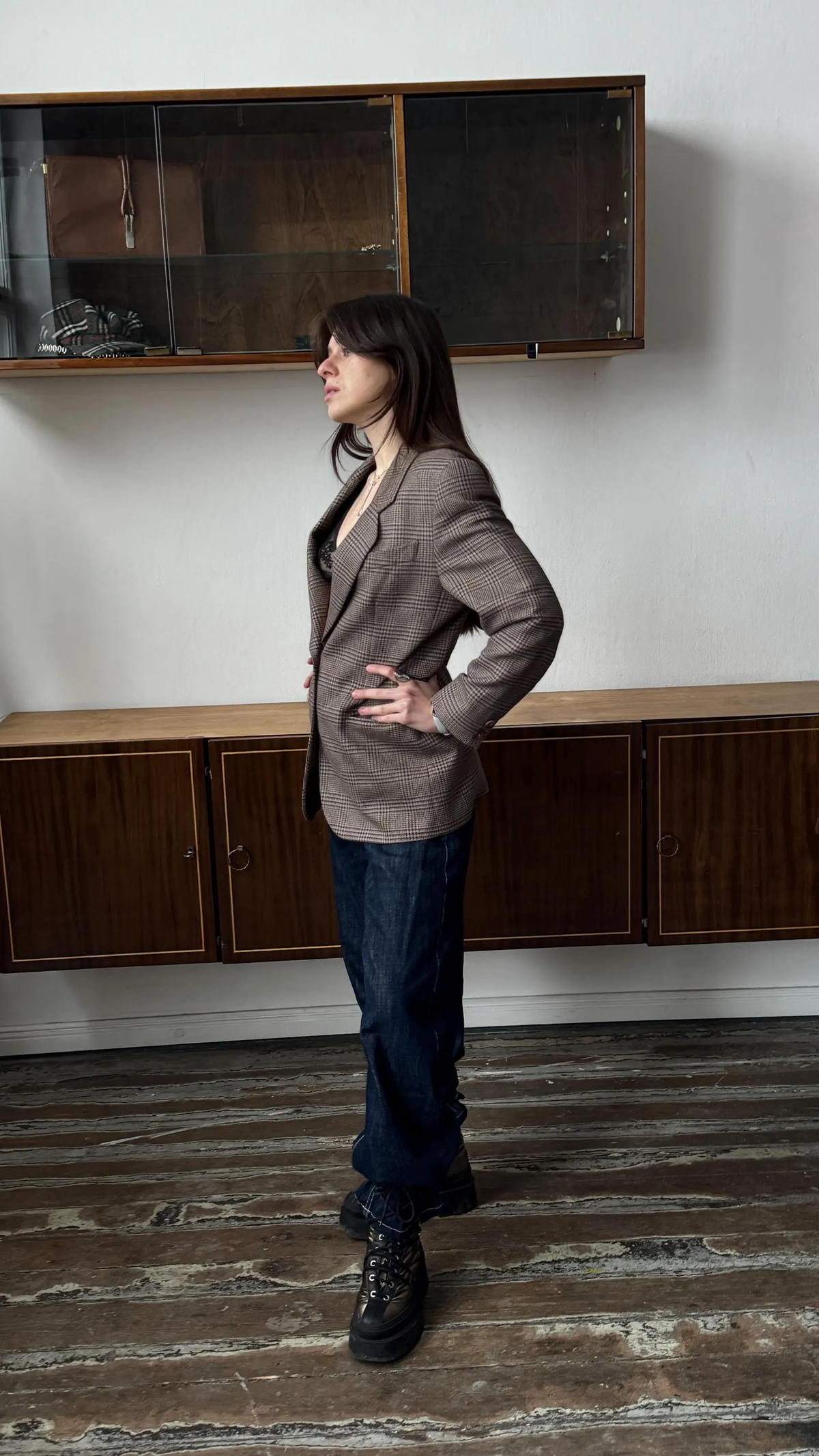 Vintage-Inspired Brown Check Blazer – Relaxed Tailored Wool-Blend Jacket for Women