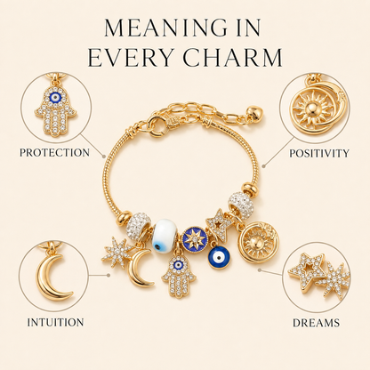 Celestial Charm Bracelet – Gold-Tone Evil Eye, Sun, Moon & Star Layered Charm Bracelet