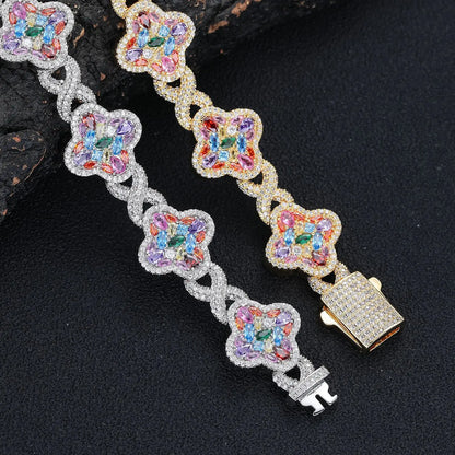 ✨ Lucky Clover Colorful Zircon Bracelet – Gold-Plated Charm Jewelry