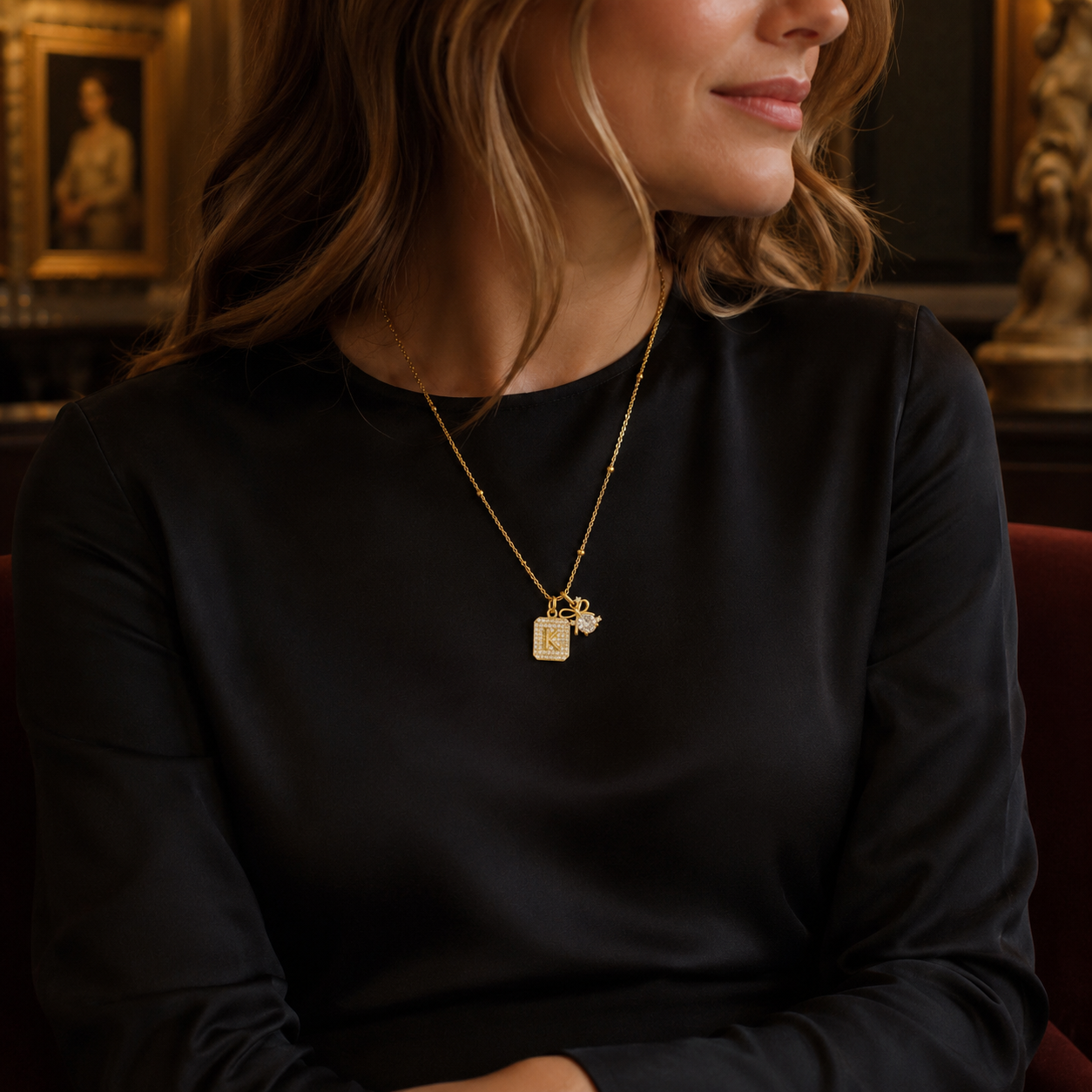 Gold Initial & Bow Charm Necklace