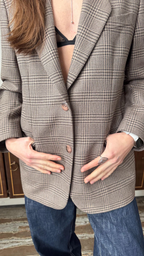 Vintage-Inspired Brown Check Blazer – Relaxed Tailored Wool-Blend Jacket for Women