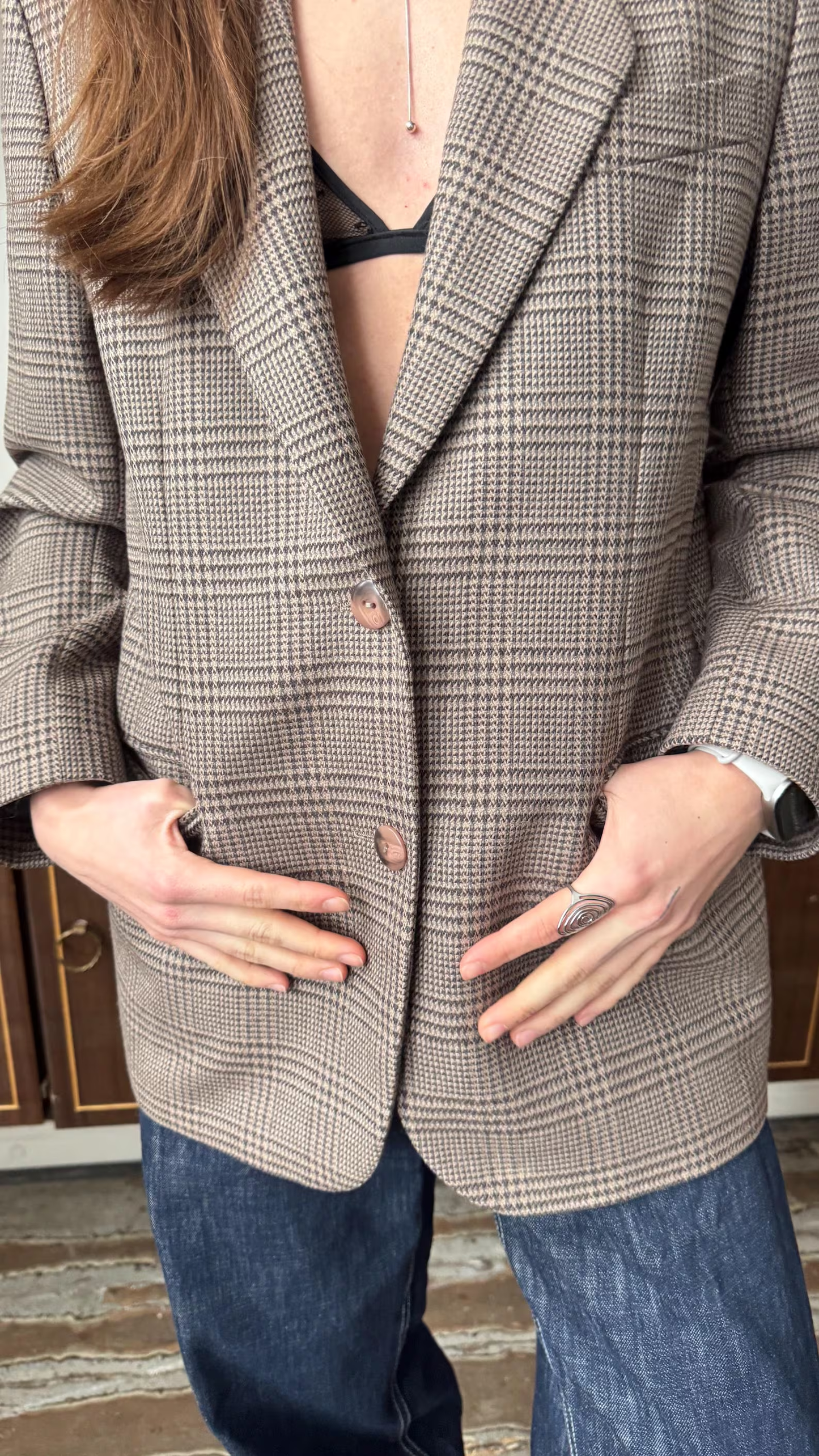 Vintage-Inspired Brown Check Blazer – Relaxed Tailored Wool-Blend Jacket for Women