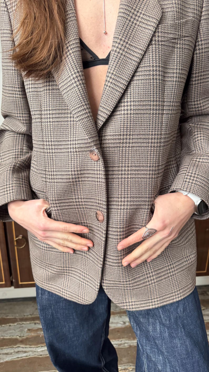 Vintage-Inspired Brown Check Blazer – Relaxed Tailored Wool-Blend Jacket for Women