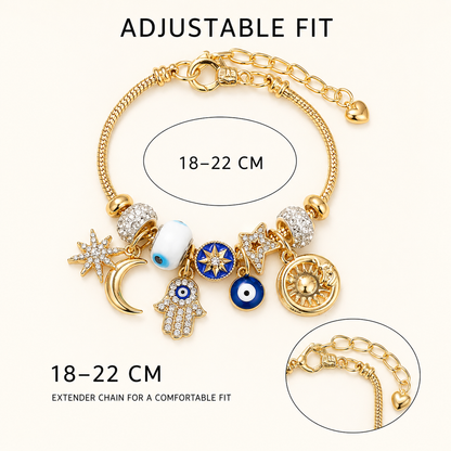 Celestial Charm Bracelet – Gold-Tone Evil Eye, Sun, Moon & Star Layered Charm Bracelet
