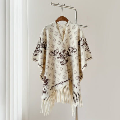 Women’s Thick Oversized Cashmere-Feel Cape Shawl – Double-Sided Jacquard Fringe Wrap
