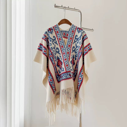 Women’s Thick Oversized Cashmere-Feel Cape Shawl – Double-Sided Jacquard Fringe Wrap