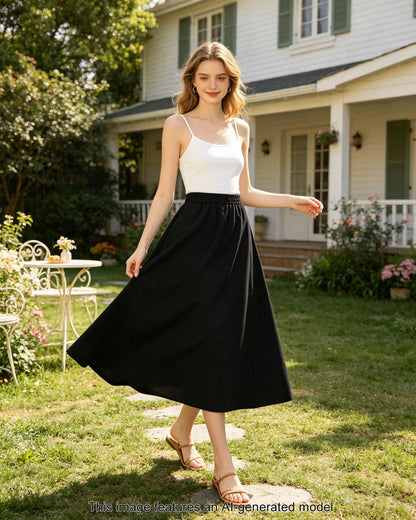Women's Flowy Bohemian Midi Linen Skirt (with Pockets) | High-Waisted Elastic A-Line Casual Beach Skirt