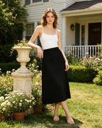 Women's Flowy Bohemian Midi Linen Skirt (with Pockets) | High-Waisted Elastic A-Line Casual Beach Skirt