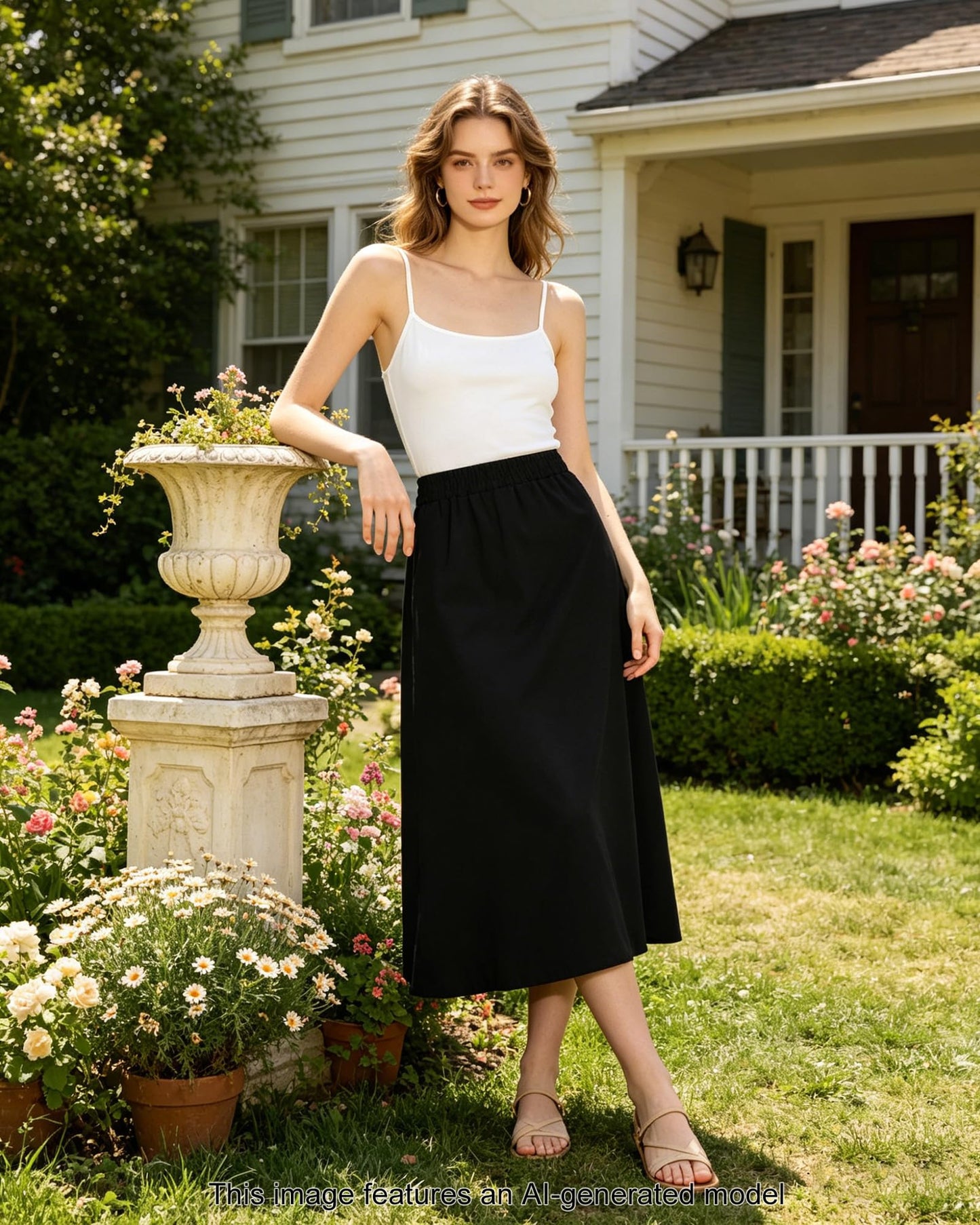 Women's Flowy Bohemian Midi Linen Skirt (with Pockets) | High-Waisted Elastic A-Line Casual Beach Skirt