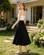 Women's Flowy Bohemian Midi Linen Skirt (with Pockets) | High-Waisted Elastic A-Line Casual Beach Skirt