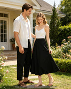 Women's Flowy Bohemian Midi Linen Skirt (with Pockets) | High-Waisted Elastic A-Line Casual Beach Skirt
