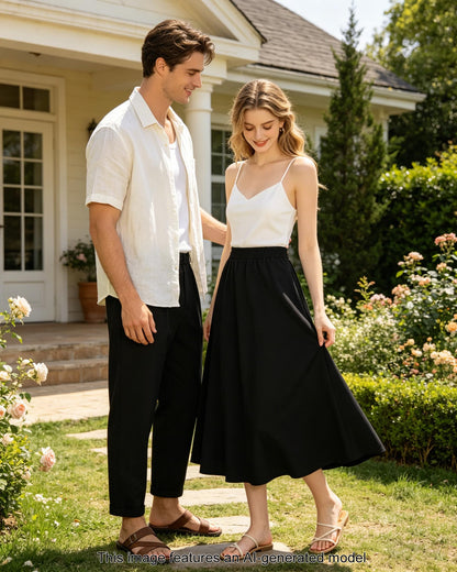 Women's Flowy Bohemian Midi Linen Skirt (with Pockets) | High-Waisted Elastic A-Line Casual Beach Skirt