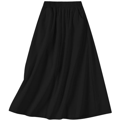 Women's Flowy Bohemian Midi Linen Skirt (with Pockets) | High-Waisted Elastic A-Line Casual Beach Skirt