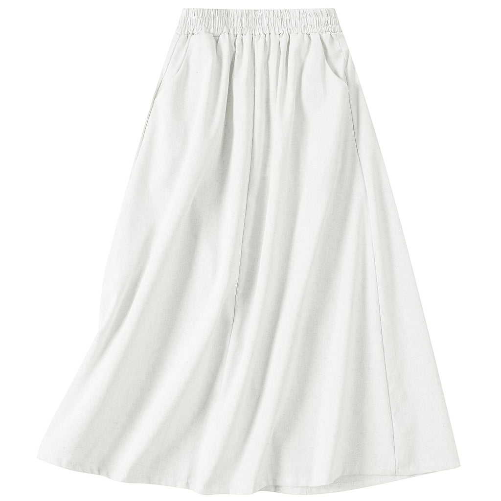 Women's Flowy Bohemian Midi Linen Skirt (with Pockets) | High-Waisted Elastic A-Line Casual Beach Skirt