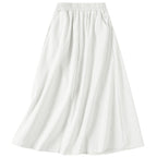 Women's Flowy Bohemian Midi Linen Skirt (with Pockets) | High-Waisted Elastic A-Line Casual Beach Skirt