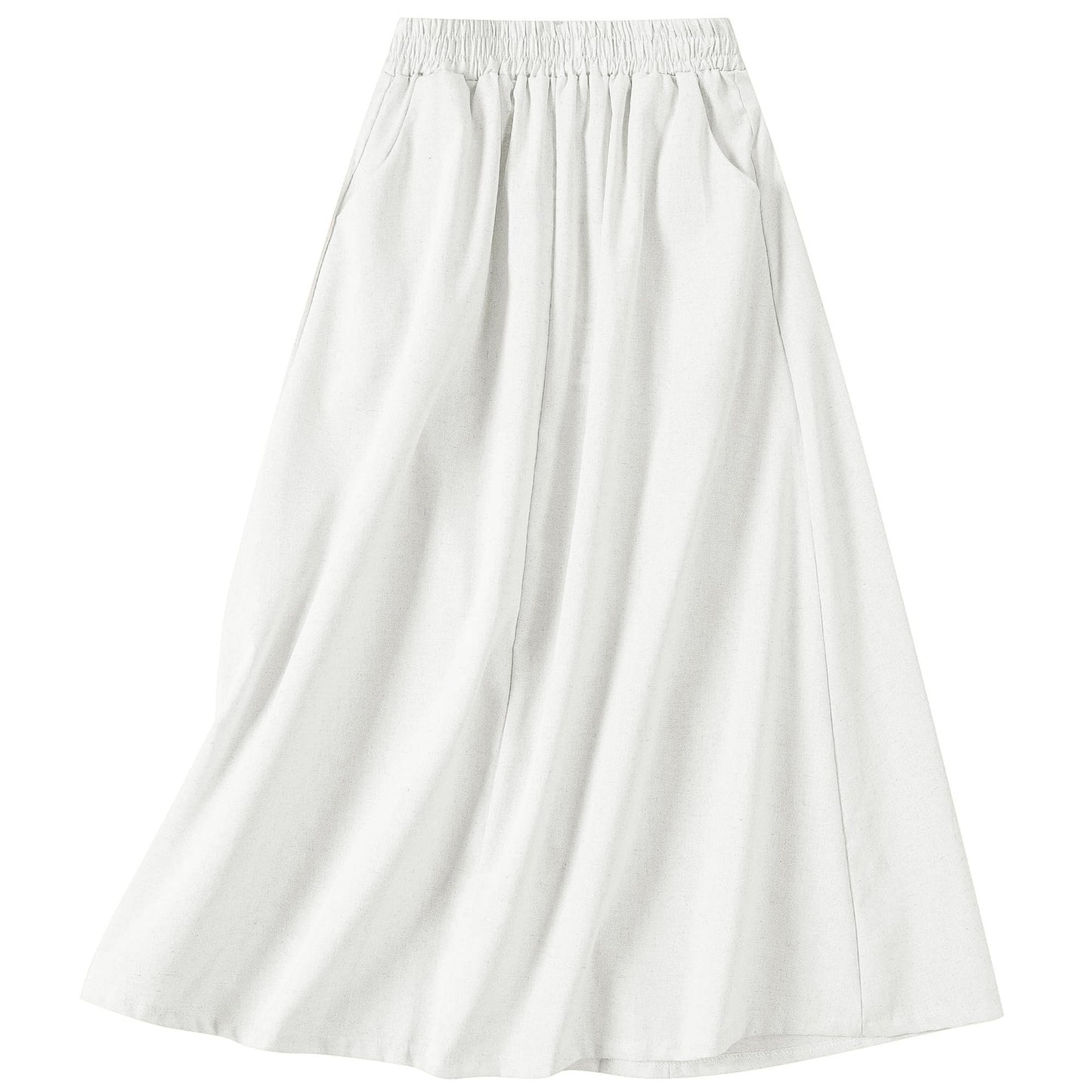 Women's Flowy Bohemian Midi Linen Skirt (with Pockets) | High-Waisted Elastic A-Line Casual Beach Skirt