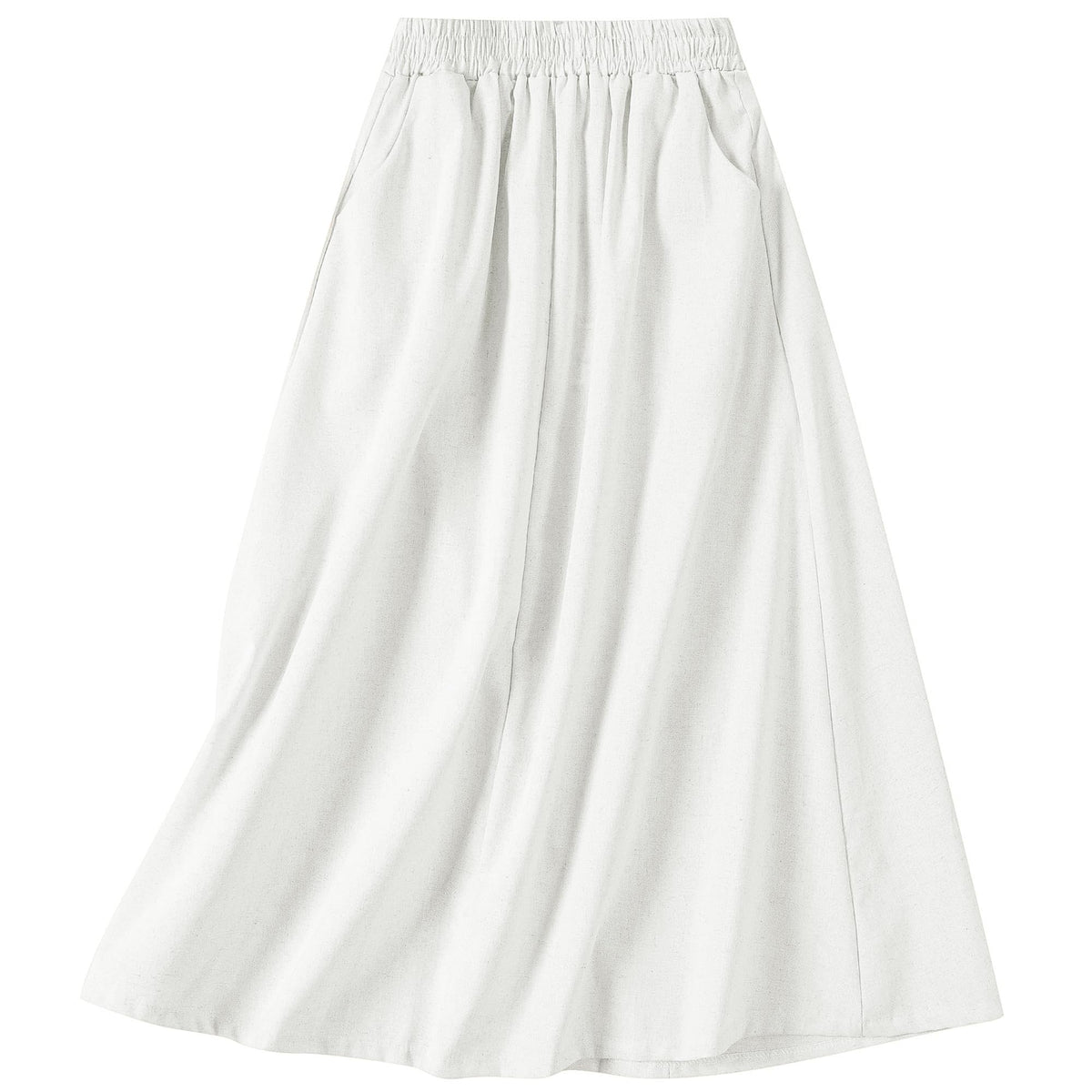 Women's Flowy Bohemian Midi Linen Skirt (with Pockets) | High-Waisted Elastic A-Line Casual Beach Skirt