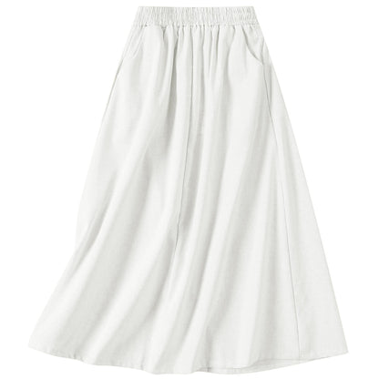 Women's Flowy Bohemian Midi Linen Skirt (with Pockets) | High-Waisted Elastic A-Line Casual Beach Skirt