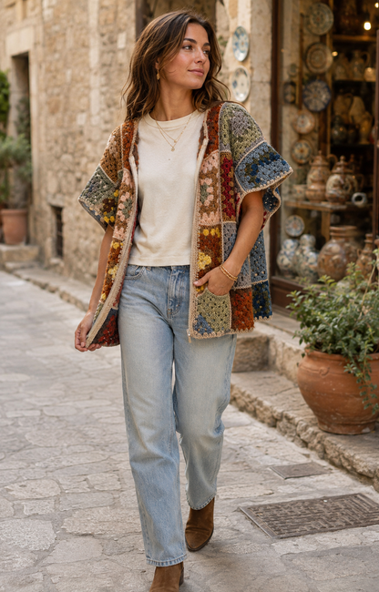 Women's Vintage Patchwork Crochet Hooded Vest | Boho Zip-Up Sleeveless Jacket