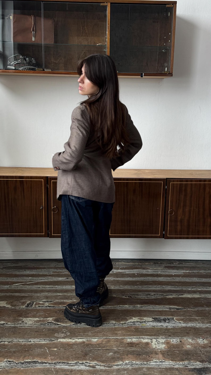 Vintage-Inspired Brown Check Blazer – Relaxed Tailored Wool-Blend Jacket for Women
