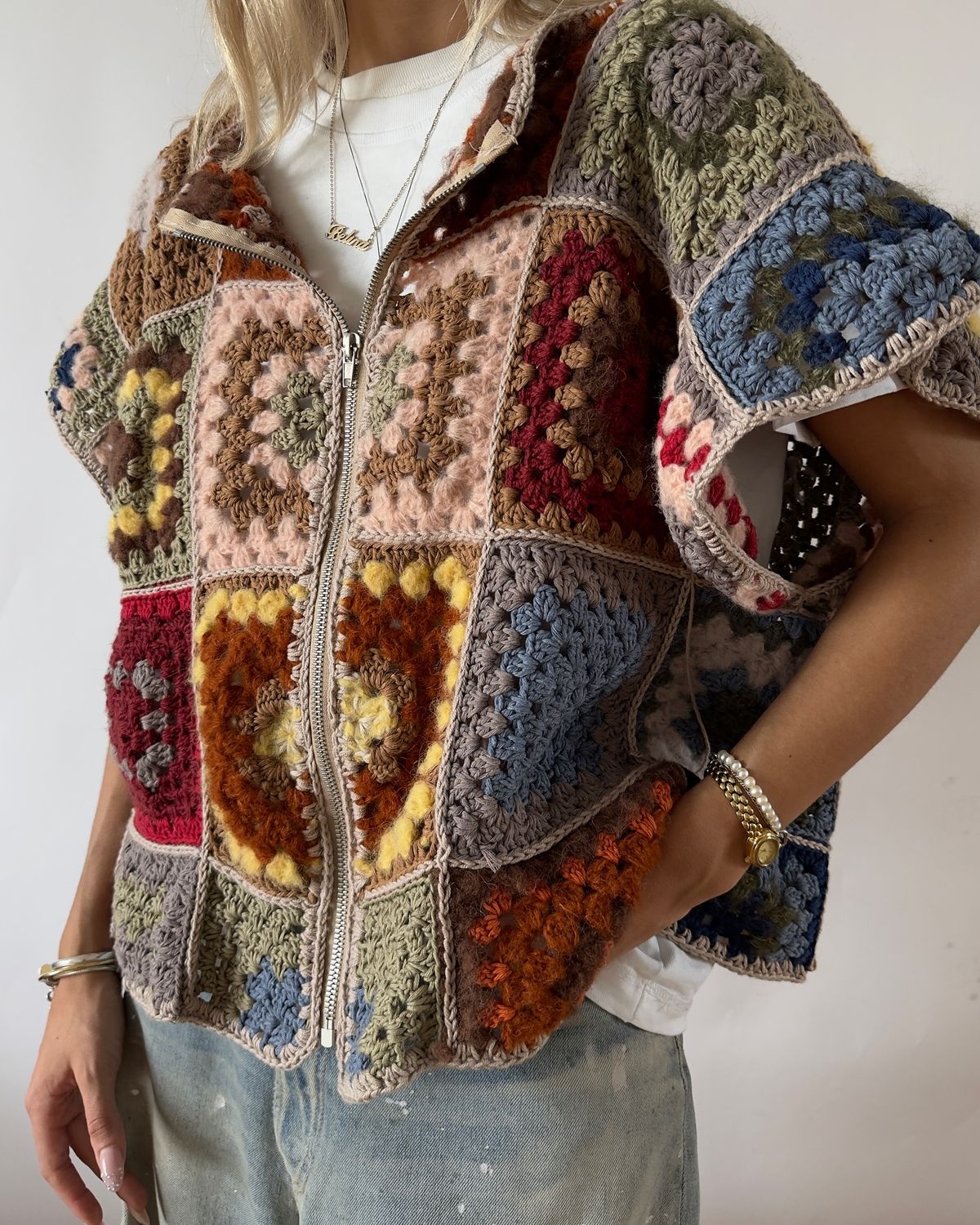 Women's Vintage Patchwork Crochet Hooded Vest | Boho Zip-Up Sleeveless Jacket