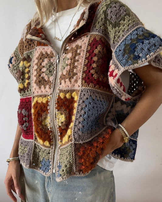 Women's Vintage Patchwork Crochet Hooded Vest | Boho Zip-Up Sleeveless Jacket