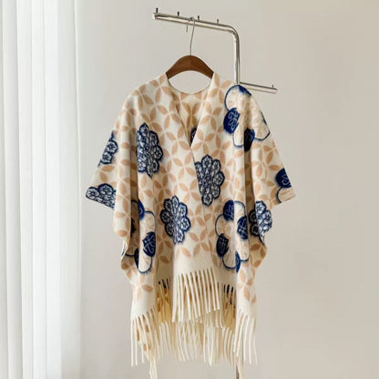 Women’s Thick Oversized Cashmere-Feel Cape Shawl – Double-Sided Jacquard Fringe Wrap