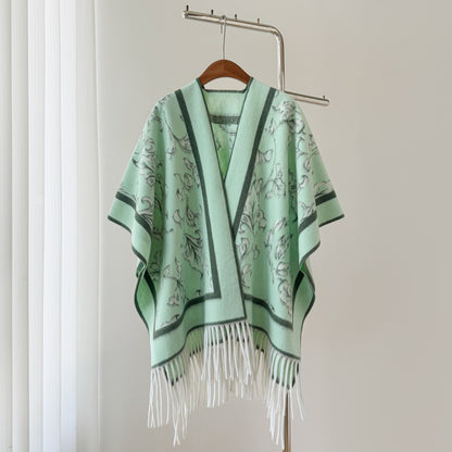 Women’s Thick Oversized Cashmere-Feel Cape Shawl – Double-Sided Jacquard Fringe Wrap