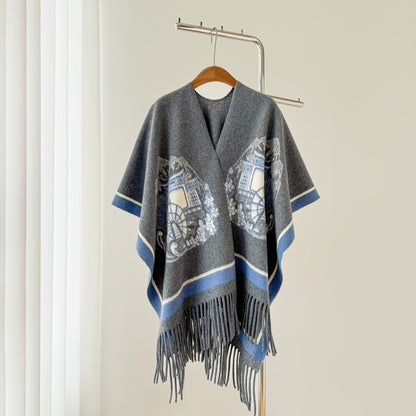 Women’s Thick Oversized Cashmere-Feel Cape Shawl – Double-Sided Jacquard Fringe Wrap